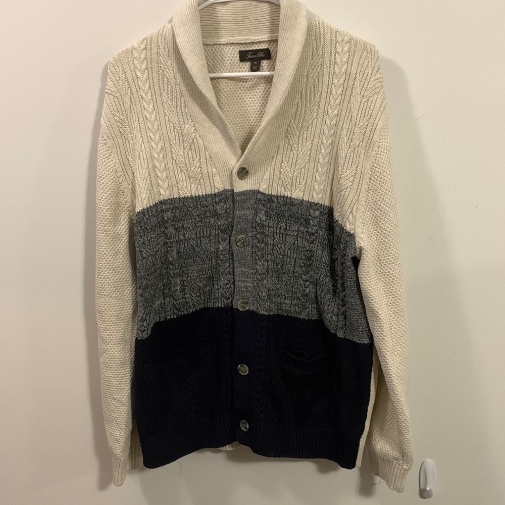 Tasso Elba Men’s Color Block Cardigan black Gray and off white Sz XL good cond